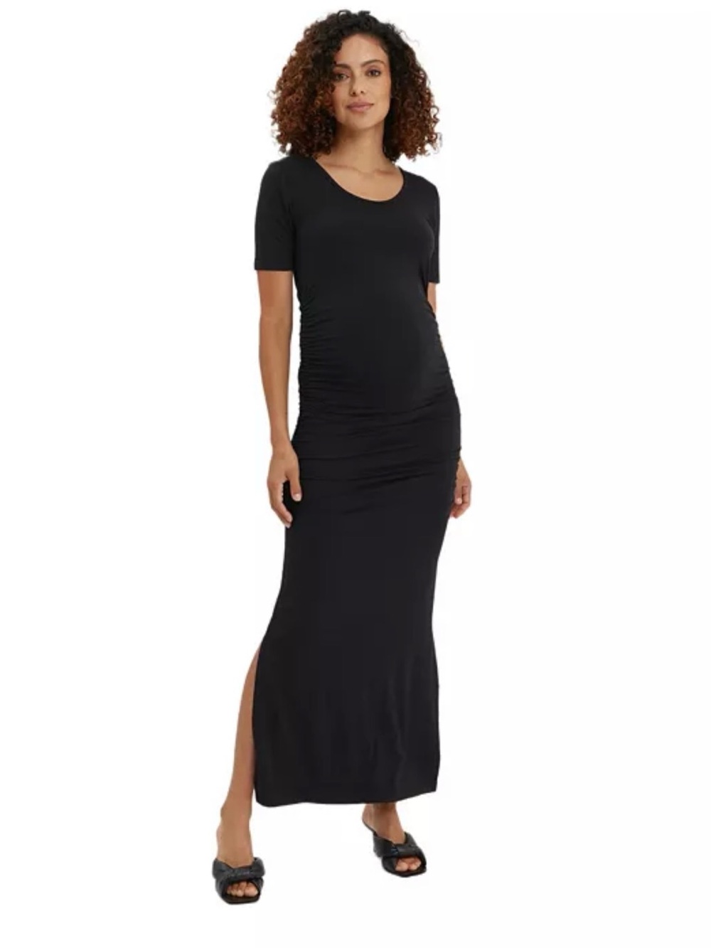NOM Maternity Hugo Maxi Dress | Black Ruched Side Slit Dress | Size Small